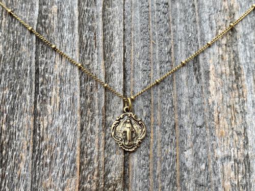 Antique Gold Small Miraculous Medal Pendant Necklace On Satellite Chain, Antique Replica, Art Nouveau, Blessed Virgin Mary Medal Pendant MM3