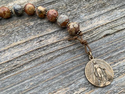 Large Single Decade Rosary, Walnut hand-carved Crucifix Comfort Cross, Miraculous Medal, Birds Eye Rhyolite Gemstones, ByRon Palm Cross