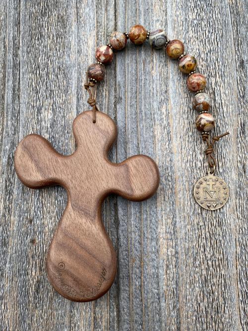 Large Single Decade Rosary, Walnut hand-carved Crucifix Comfort Cross, Miraculous Medal, Birds Eye Rhyolite Gemstones, ByRon Palm Cross