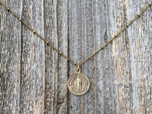 Antique Gold Small French St Benedict Medal Pendant Necklace, Antique Replica, Crux Sancti Patris Benedicti, Holy Father Saint Benedict