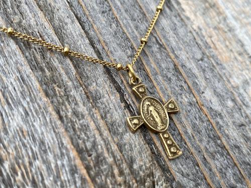 Antique Gold Miraculous Medal Cross Pendant on Satellite Chain Necklace, Antique Replica, Blessed Virgin Mary, Small Miraculous Medal Cross