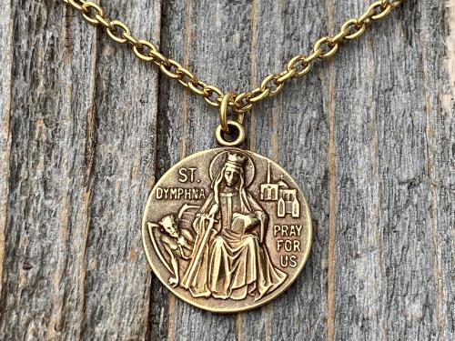 Antiqued Gold St. Dymphna Medal, Saint Dymphna Pendant, St Dymphna Necklace, Antique Replica, Patron Saint of Anxiety, Saint of Dementia