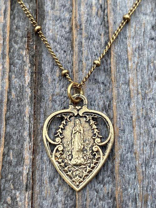 Antique Gold Blessed Virgin Mary Heart Pendant on Satellite Chain Necklace, Antique Replica, Our Lady of Lourdes Medal, Marian Heart Pendant