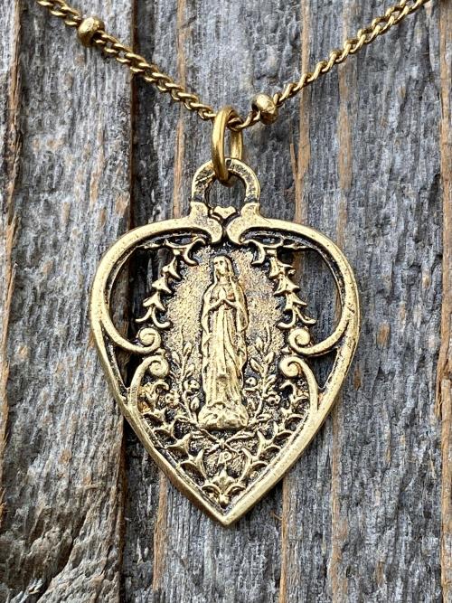 Antique Gold Blessed Virgin Mary Heart Pendant on Satellite Chain Necklace, Antique Replica, Our Lady of Lourdes Medal, Marian Heart Pendant