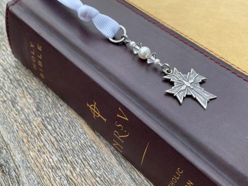 Sterling Silver Holy Spirit Dove Cross Bookmark, Bible Bookmark, Swarovski Crystals and Pearls, Confirmation Gift, Religious Book Mark, Dove