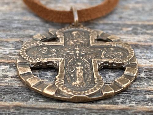 Antique Replica Bronze Five 5 Way Medal Pendant, Leather or Chain, 5-Way Scapular 4-Way, 4 Way Cross, Unisex, Sacred Heart, Miraculous Medal
