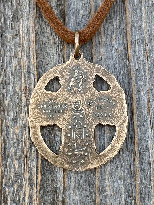 Antique Replica Bronze Five 5 Way Medal Pendant, Leather or Chain, 5-Way Scapular 4-Way, 4 Way Cross, Unisex, Sacred Heart, Miraculous Medal