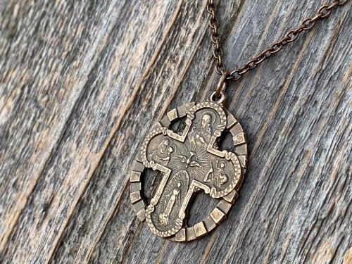 Antique Replica Bronze Five 5 Way Medal Pendant, Leather or Chain, 5-Way Scapular 4-Way, 4 Way Cross, Unisex, Sacred Heart, Miraculous Medal