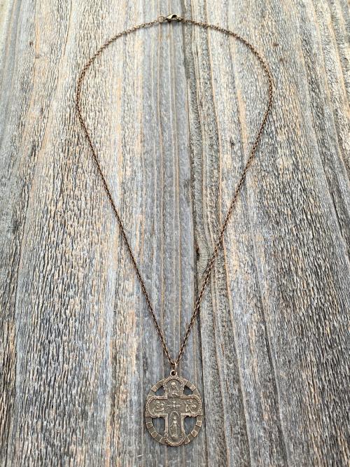 Antique Replica Bronze Five 5 Way Medal Pendant, Leather or Chain, 5-Way Scapular 4-Way, 4 Way Cross, Unisex, Sacred Heart, Miraculous Medal