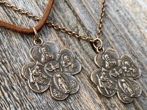 Antique Replica Bronze Large Shamrock 4-Way Medal Pendant, Leather or Chain, 5-Way Medal, Miraculous Medal, Sacred Heart of Jesus Medal