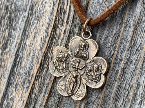 Antique Replica Bronze Large Shamrock 4-Way Medal Pendant, Leather or Chain, 5-Way Medal, Miraculous Medal, Sacred Heart of Jesus Medal