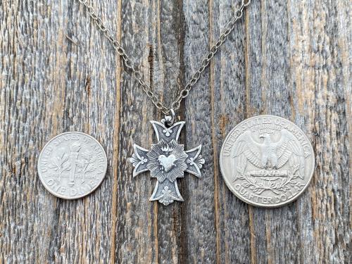 Sterling Silver Sacred Heart of Jesus Cross Medal Pendant Necklace, Antique Replica, Consecration to the Sacred Heart, Sacred Heart Devotion