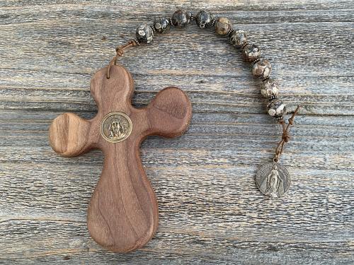 Large Single Decade Rosary, Walnut hand-carved Comfort Cross, Miraculous Medal, Turritella Agate Gemstones, ByRon Palm Cross, Face of Jesus