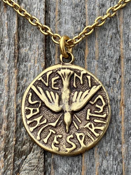 Antique Gold Holy Spirit Dove Pendant, Antique Replica, Latin Veni Sancte Spiritus Medal, Argentina, Holy Ghost Necklace, Come Holy Spirit