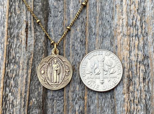 Antique Gold Small French St Benedict Medal Pendant Necklace, Antique Replica, Crux Sancti Patris Benedicti, Holy Father Saint Benedict