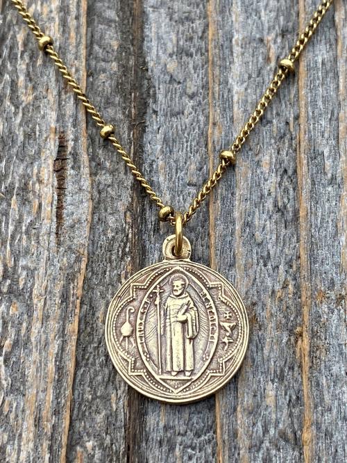 Antique Gold Small French St Benedict Medal Pendant Necklace, Antique Replica, Crux Sancti Patris Benedicti, Holy Father Saint Benedict