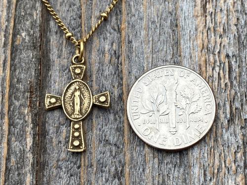 Antique Gold Miraculous Medal Cross Pendant on Satellite Chain Necklace, Antique Replica, Blessed Virgin Mary, Small Miraculous Medal Cross