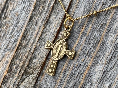 Antique Gold Miraculous Medal Cross Pendant on Satellite Chain Necklace, Antique Replica, Blessed Virgin Mary, Small Miraculous Medal Cross