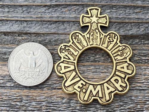 Antique Gold Large Finger Rosary Ring, French Antique Replica, Depicts 15 Mysteries of the Rosary, Rare Dizainier, Ave Maria Pocket Rosary