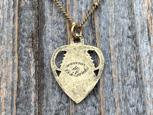 Antique Gold Blessed Virgin Mary Heart Pendant on Satellite Chain Necklace, Antique Replica, Our Lady of Lourdes Medal, Marian Heart Pendant