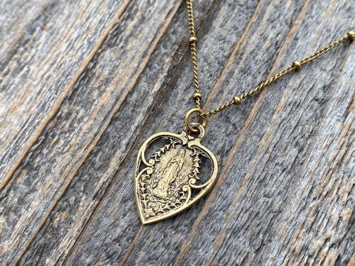 Antique Gold Blessed Virgin Mary Heart Pendant on Satellite Chain Necklace, Antique Replica, Our Lady of Lourdes Medal, Marian Heart Pendant