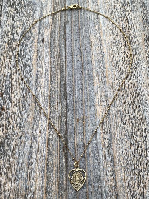 Antique Gold Blessed Virgin Mary Heart Pendant on Satellite Chain Necklace, Antique Replica, Our Lady of Lourdes Medal, Marian Heart Pendant