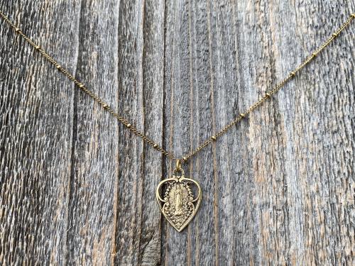 Antique Gold Blessed Virgin Mary Heart Pendant on Satellite Chain Necklace, Antique Replica, Our Lady of Lourdes Medal, Marian Heart Pendant