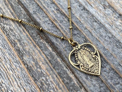 Antique Gold Blessed Virgin Mary Heart Pendant on Satellite Chain Necklace, Antique Replica, Our Lady of Lourdes Medal, Marian Heart Pendant