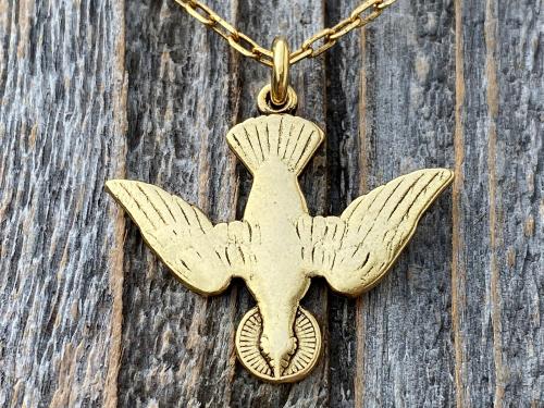 Antique Gold Plated Holy Spirit Dove Pendant Necklace, French Antique Replica, Descending Dove Pendant, Descending Holy Spirit Dove Charm