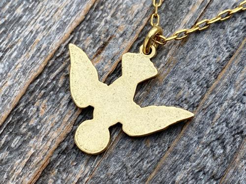 Antique Gold Plated Holy Spirit Dove Pendant Necklace, French Antique Replica, Descending Dove Pendant, Descending Holy Spirit Dove Charm