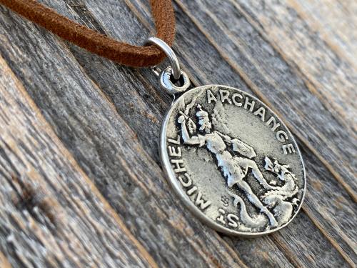 Silver Pewter St Michael French Medal Necklace, Antique Replica, Saint Michael the Archangel, St Michel, Protection against the devil Satan