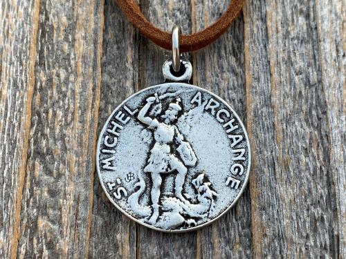 Silver Pewter St Michael French Medal Necklace, Antique Replica, Saint Michael the Archangel, St Michel, Protection against the devil Satan