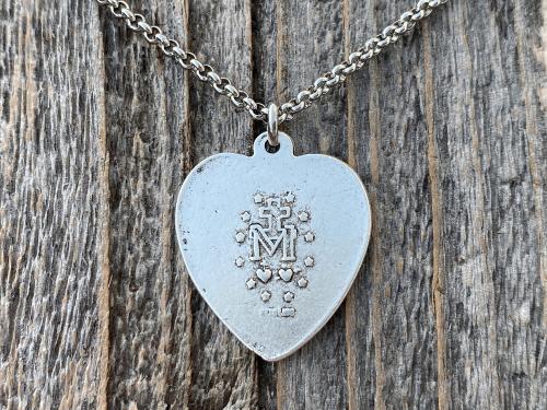 Silver Plated Heart Shaped Miraculous Medal Pendant Necklace, Antique Replica, Blessed Virgin Mary Pendant, Rare Unusual Miraculous Medal M4