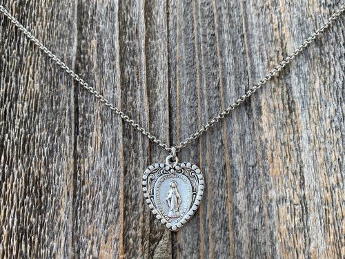 Silver Plated Heart Shaped Miraculous Medal Pendant Necklace, Antique Replica, Blessed Virgin Mary Pendant, Rare Unusual Miraculous Medal M4