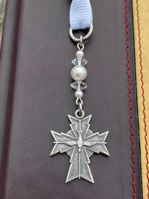 Sterling Silver Holy Spirit Dove Cross Bookmark, Bible Bookmark, Swarovski Crystals and Pearls, Confirmation Gift, Religious Book Mark, Dove