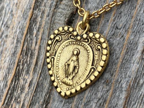 Antique Gold Heart Shaped Miraculous Medal Pendant Necklace, Antique Replica, Heart Miraculous Medal, Blessed Virgin Mary Pendant M4