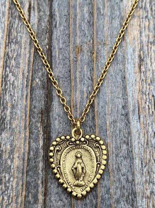 Antique Gold Heart Shaped Miraculous Medal Pendant Necklace, Antique Replica, Heart Miraculous Medal, Blessed Virgin Mary Pendant M4