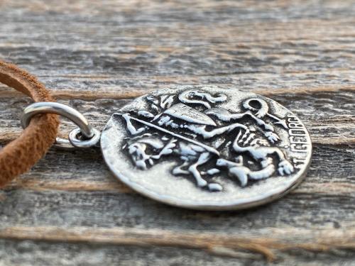 Silver Pewter St George Medal Pendant Necklace, Antique Replica, Rare Saint George Medal, Protection against Christ's enemies, Kill Dragon