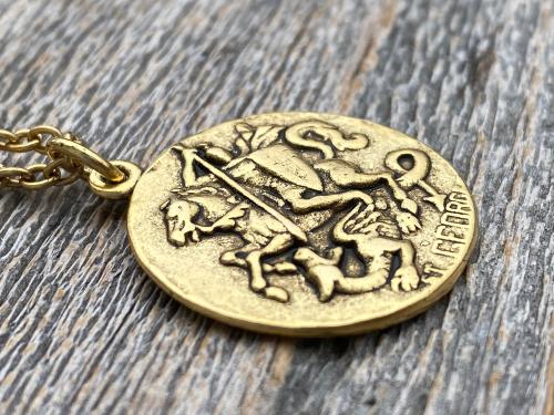 Antique Gold Plated St George Medal Pendant Necklace, Antique Replica, Rare Saint George Medal, Protection against Christ's enemies, Dragon