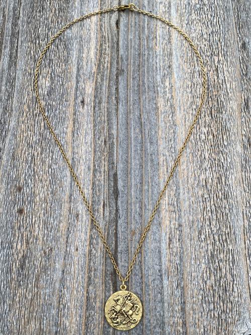 Antique Gold Plated St George Medal Pendant Necklace, Antique Replica, Rare Saint George Medal, Protection against Christ's enemies, Dragon