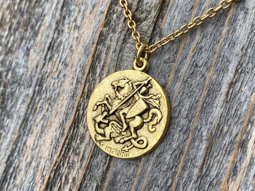 Antique Gold Plated St George Medal Pendant Necklace, Antique Replica, Rare Saint George Medal, Protection against Christ's enemies, Dragon