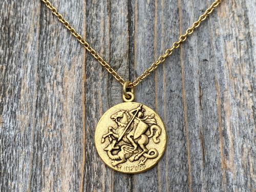 Antique Gold Plated St George Medal Pendant Necklace, Antique Replica, Rare Saint George Medal, Protection against Christ's enemies, Dragon