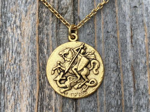 Antique Gold Plated St George Medal Pendant Necklace, Antique Replica, Rare Saint George Medal, Protection against Christ's enemies, Dragon