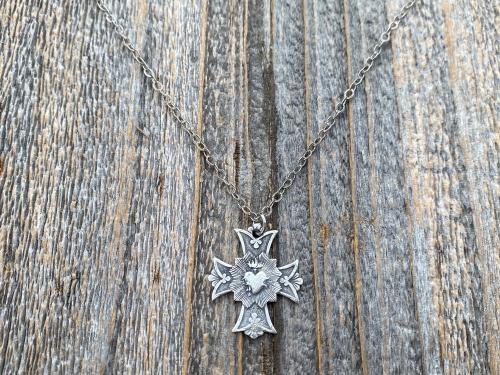 Sterling Silver Sacred Heart of Jesus Cross Medal Pendant Necklace, Antique Replica, Consecration to the Sacred Heart, Sacred Heart Devotion