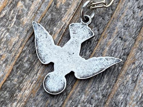 Silver Pewter Holy Spirit Dove Pendant Necklace, French Antique Replica, Antique Silver Holy Spirit Charm, Descending Dove Pendant Medal