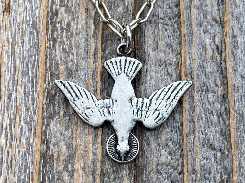 Silver Pewter Holy Spirit Dove Pendant Necklace, French Antique Replica, Antique Silver Holy Spirit Charm, Descending Dove Pendant Medal