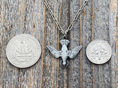 Silver Pewter Holy Spirit Dove Pendant Necklace, French Antique Replica, Antique Silver Holy Spirit Charm, Descending Dove Pendant Medal