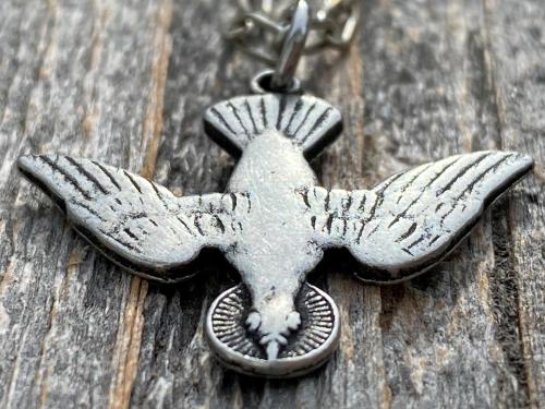 Silver Pewter Holy Spirit Dove Pendant Necklace, French Antique Replica, Antique Silver Holy Spirit Charm, Descending Dove Pendant Medal