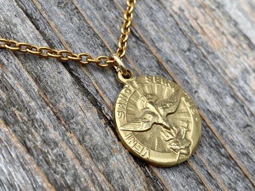 Gold Come Holy Ghost Medal, Holy Spirit Medal Pendant Necklace, Antique Replica, Sacred Heart, Confirmation, Veni Sancte Spiritus VSS-1