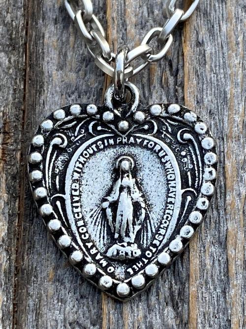 Silver Pewter Heart Shaped Miraculous Medal Pendant Necklace, Antique Replica, Blessed Virgin Mary Pendant, Rare Unusual Miraculous Medal M4